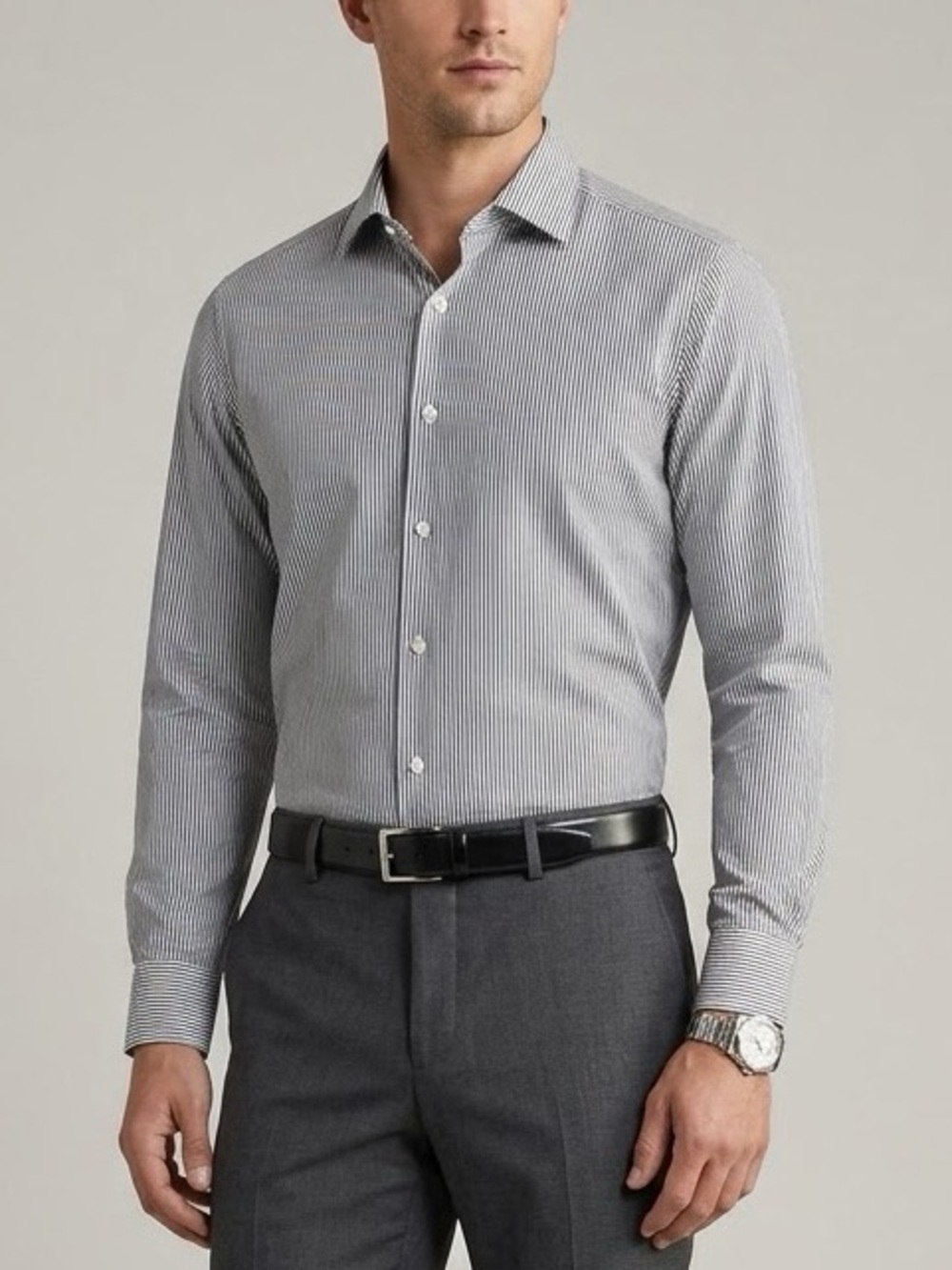 Michael Kors Dress Shirt Mens 17.5 34/35 Black White Slim Fit Non-Iron Striped